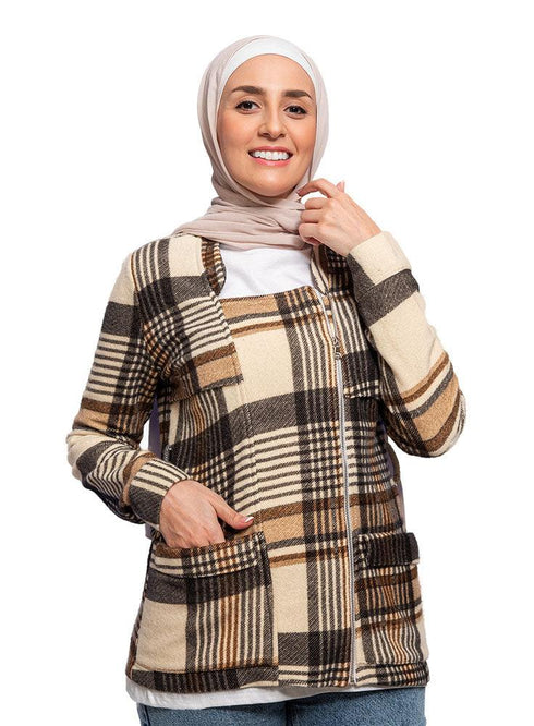 Beige Zipper Checkered Jacket - Khotwh